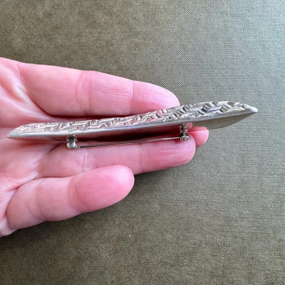 Vintage 925 Sterling Silver Textured Geometric Hollow Brooch